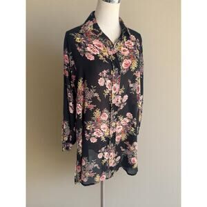 Vintage 1990s Express Shear Black Floral Button Up Tunic Long Blouse Small